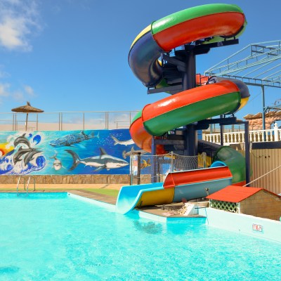 Colorful spiral waterslide by a pool with a marine life mural on the background wall.