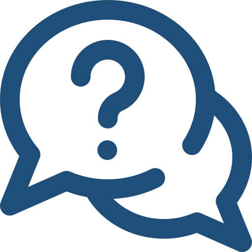 Blue speech bubble with a question mark inside, indicating a query or FAQ.