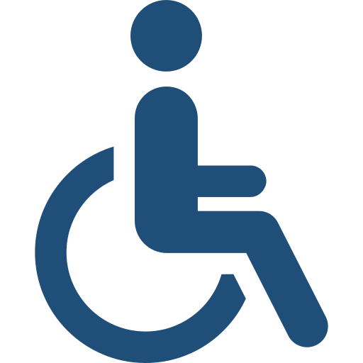 Blue wheelchair accessibility symbol on a white background.