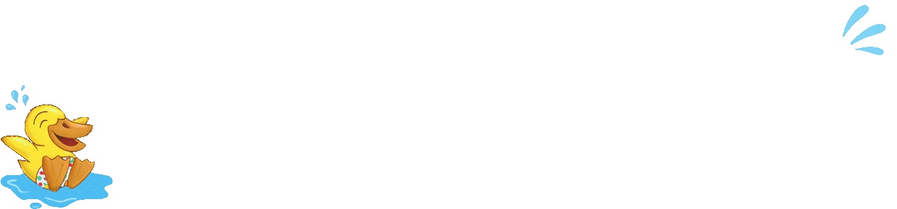 Cartoon duck sliding on water with a splash, blue background.