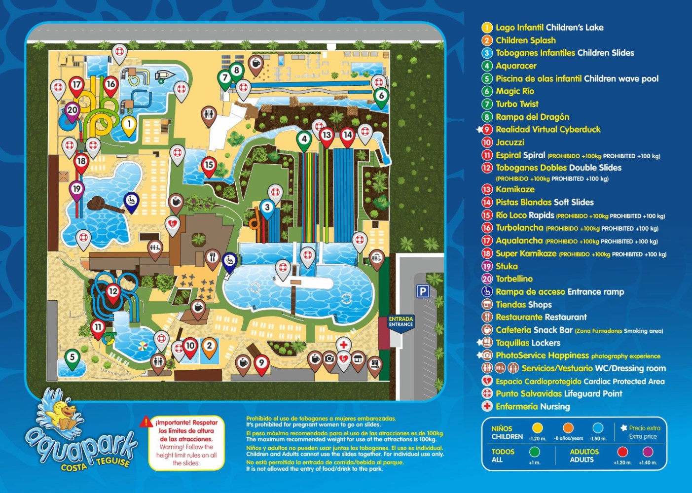 Colorful map of Aquapark Costa Teguise with labeled attractions and facilities.