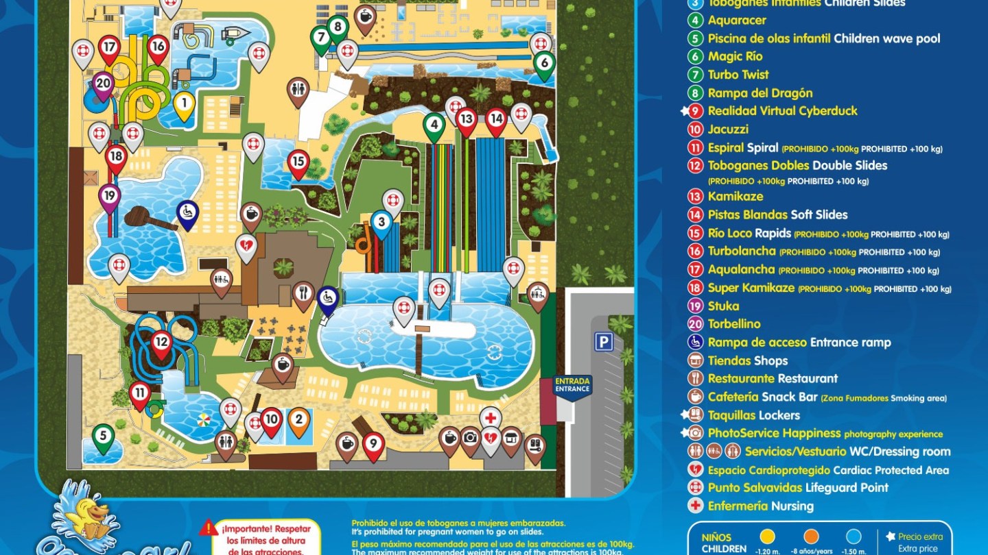 Colorful map of Aquapark Costa Teguise with labeled attractions and facilities.