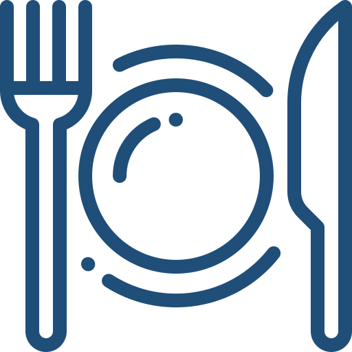 Blue outline of fork, plate, and knife icon