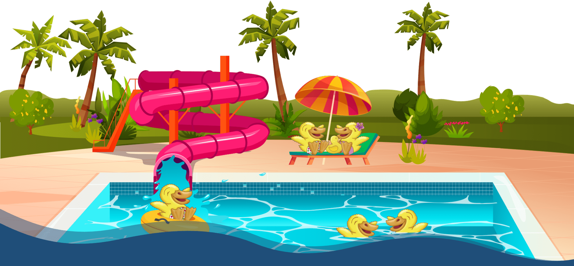 Ducks at a pool with a slide, palm trees, and sunbathing under an umbrella.