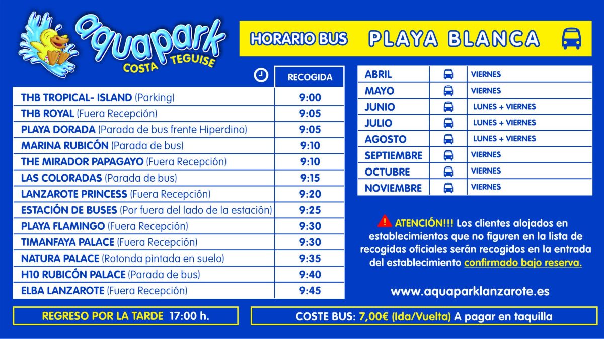 Bus schedule for Aquapark Costa Teguise with pickup times and locations, featuring alerts in Spanish.